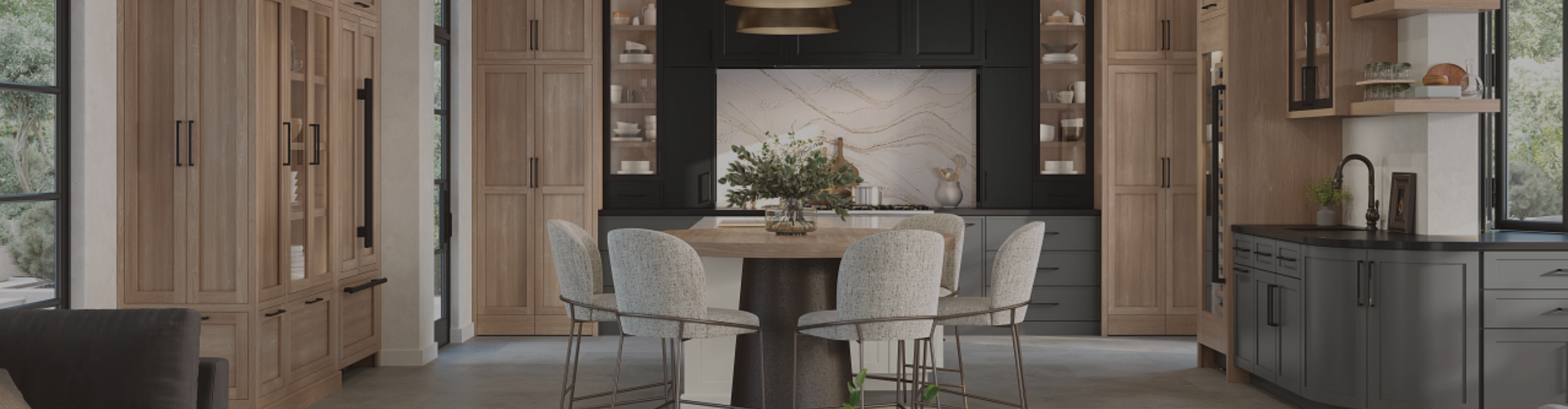 Kitchen with natural, black, and gray cabinetry