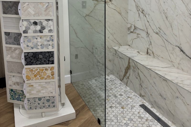 Mosaic tile display in a walk-in shower